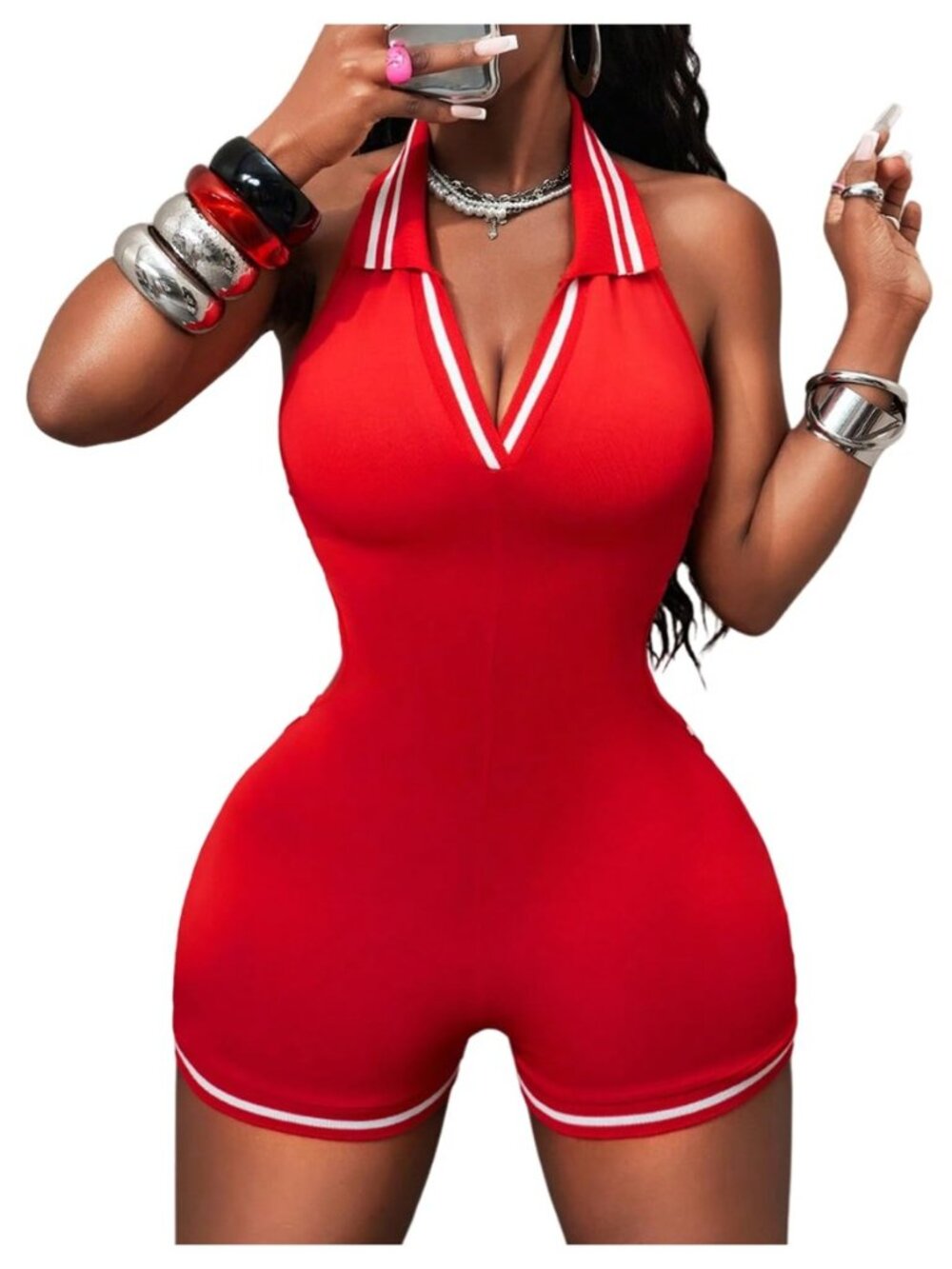 Women's Sexy Deep V Neck Halter Sleeveless Romper Striped Trim Backless Gym